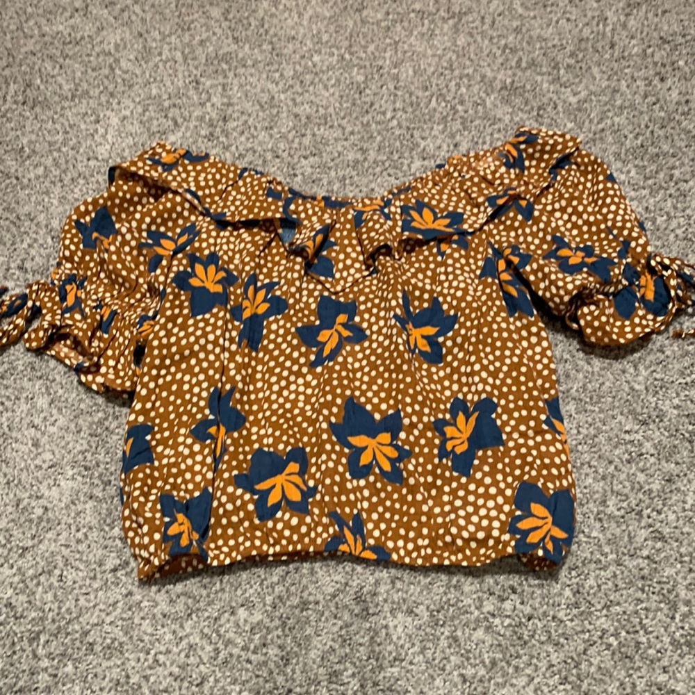 Anthropologie Ruffled Crop Blouse in Brown and Blue